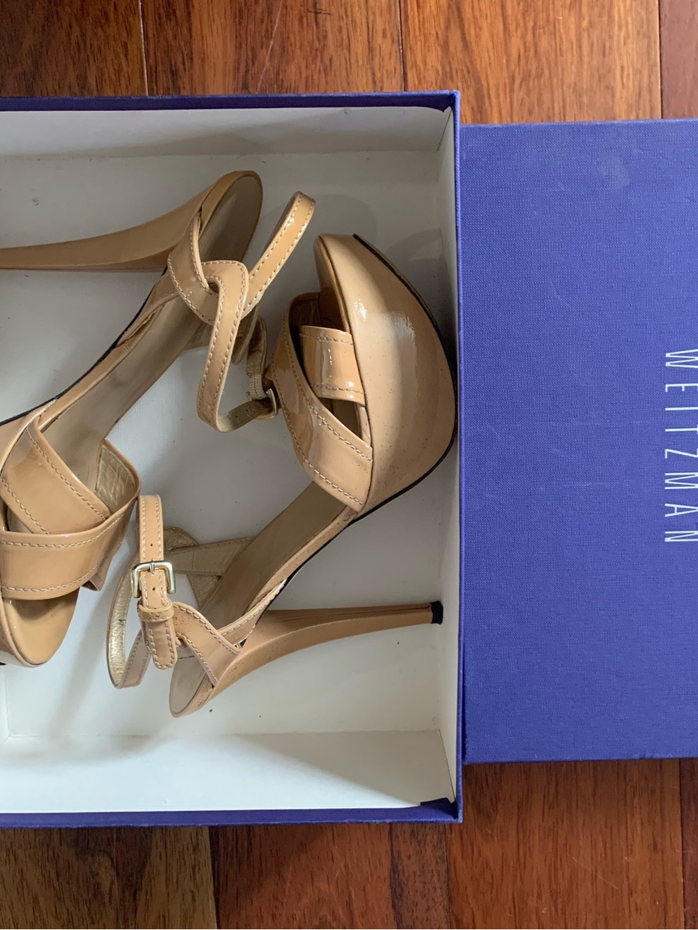 Stuart Weitzman Beige Patent Leather Strappy High Heel Sandals